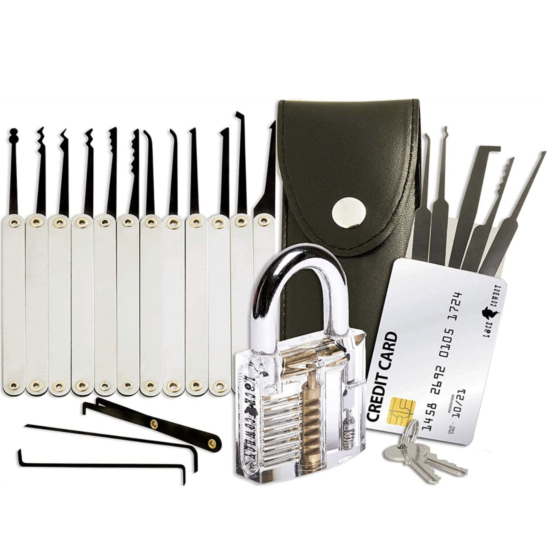 RRP £19.99 Lock Cowboy Lock Pick Set with Transparent Training Padlock and Credit Card