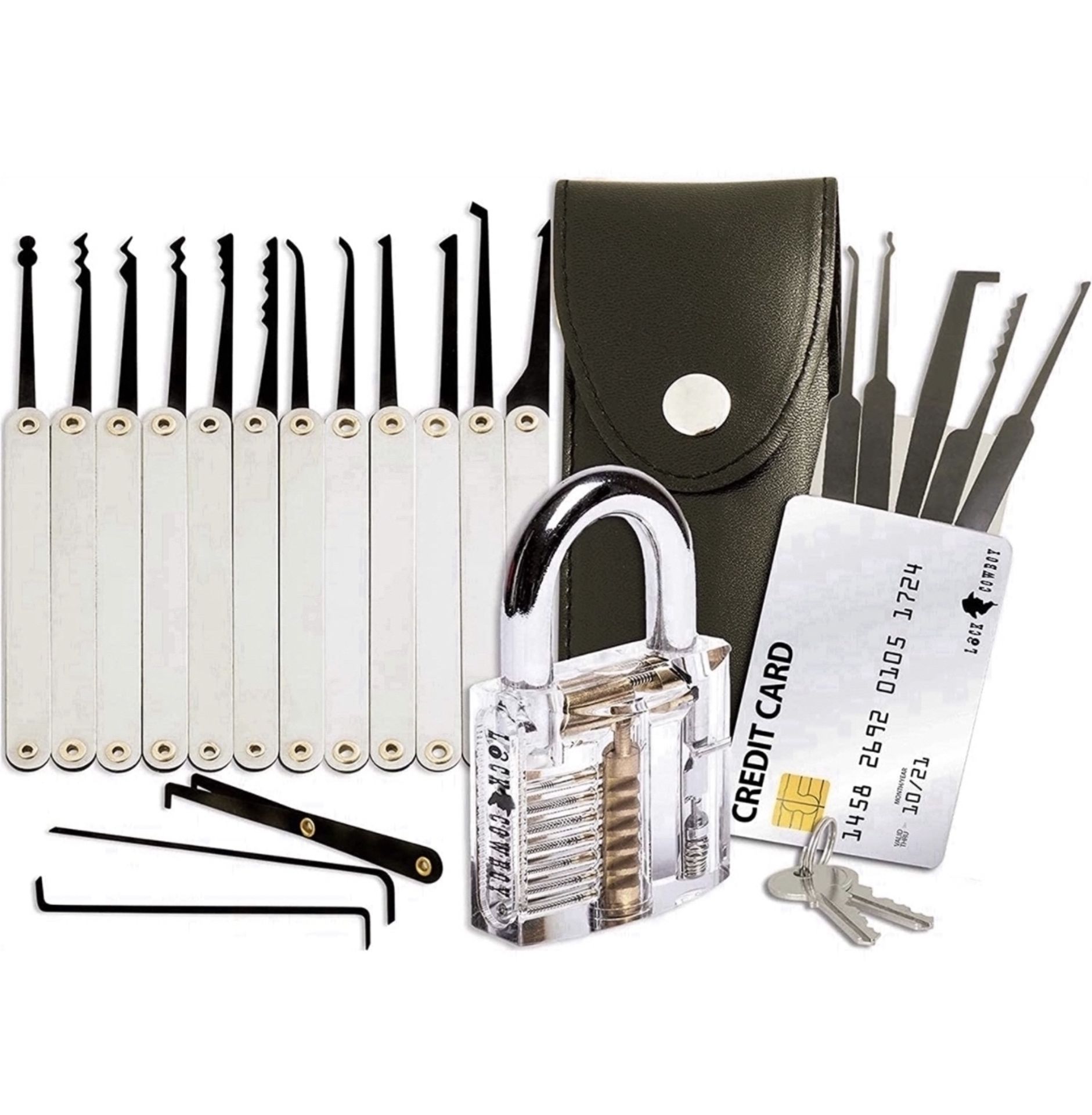 RRP £19.99 Lock Cowboy Lock Pick Set with Transparent Training Padlock and Credit Card