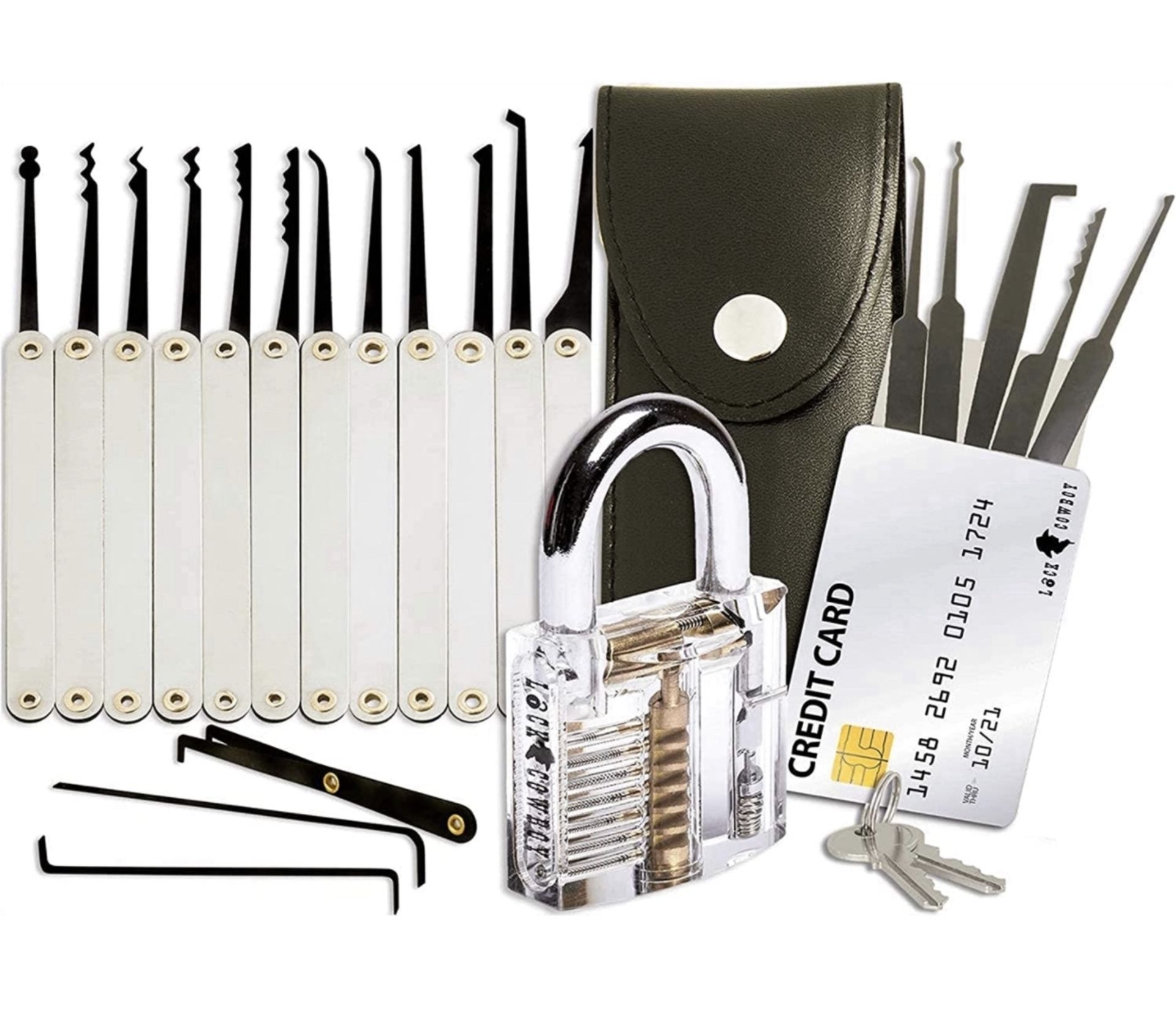 RRP £19.99 Lock Cowboy Lock Pick Set with Transparent Training Padlock and Credit Card