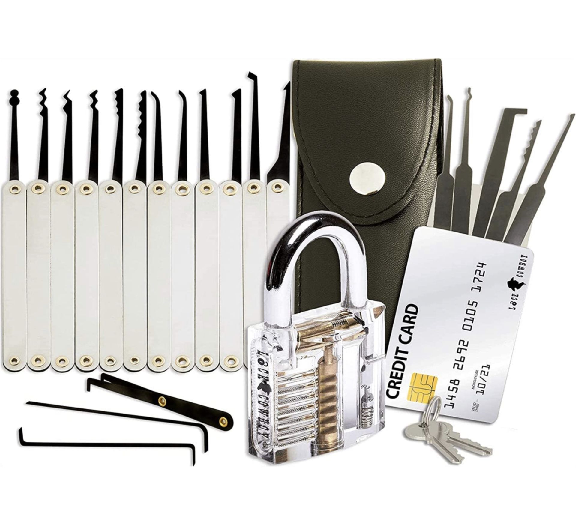 RRP £19.99 Lock Cowboy Lock Pick Set with Transparent Training Padlock and Credit Card