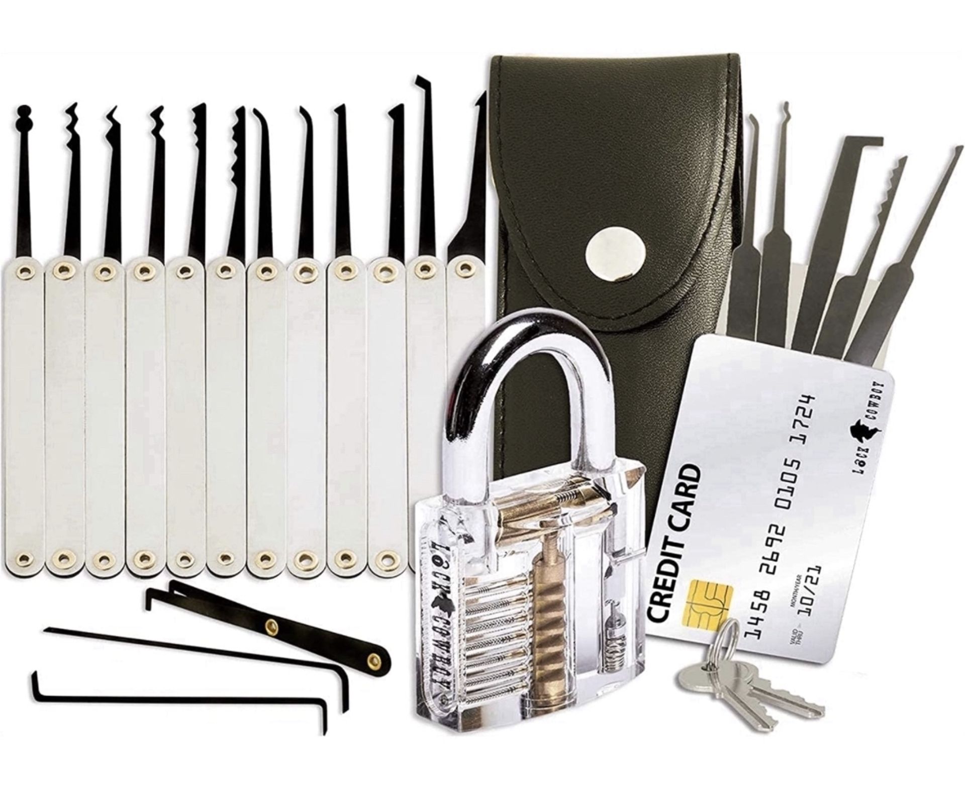 RRP £19.99 Lock Cowboy Lock Pick Set with Transparent Training Padlock and Credit Card