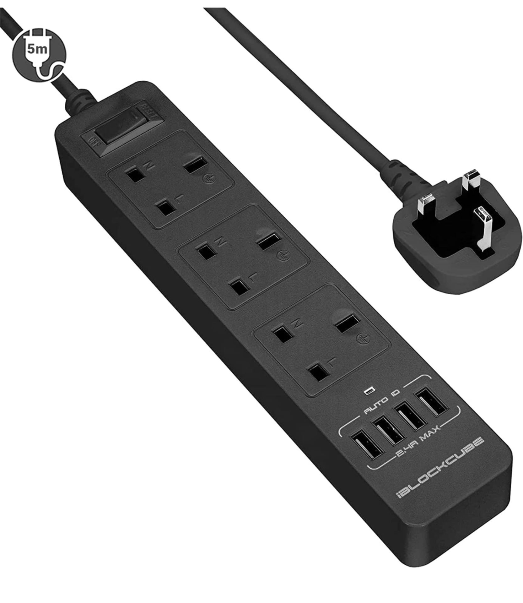 RRP £22.99 iBlockCube 5M Extension Lead Surge Protected Power Strip with USB Ports