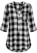 RRP £25.99 Moyabo Women's Button Down Plaid Tunic Blouse V Neck Flannel Shirt, L