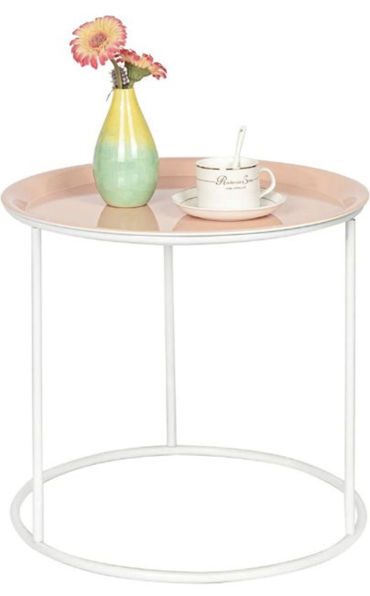 Topfly Round Metal Side Table with Detachable Tray, Coral & White RRP £19.99