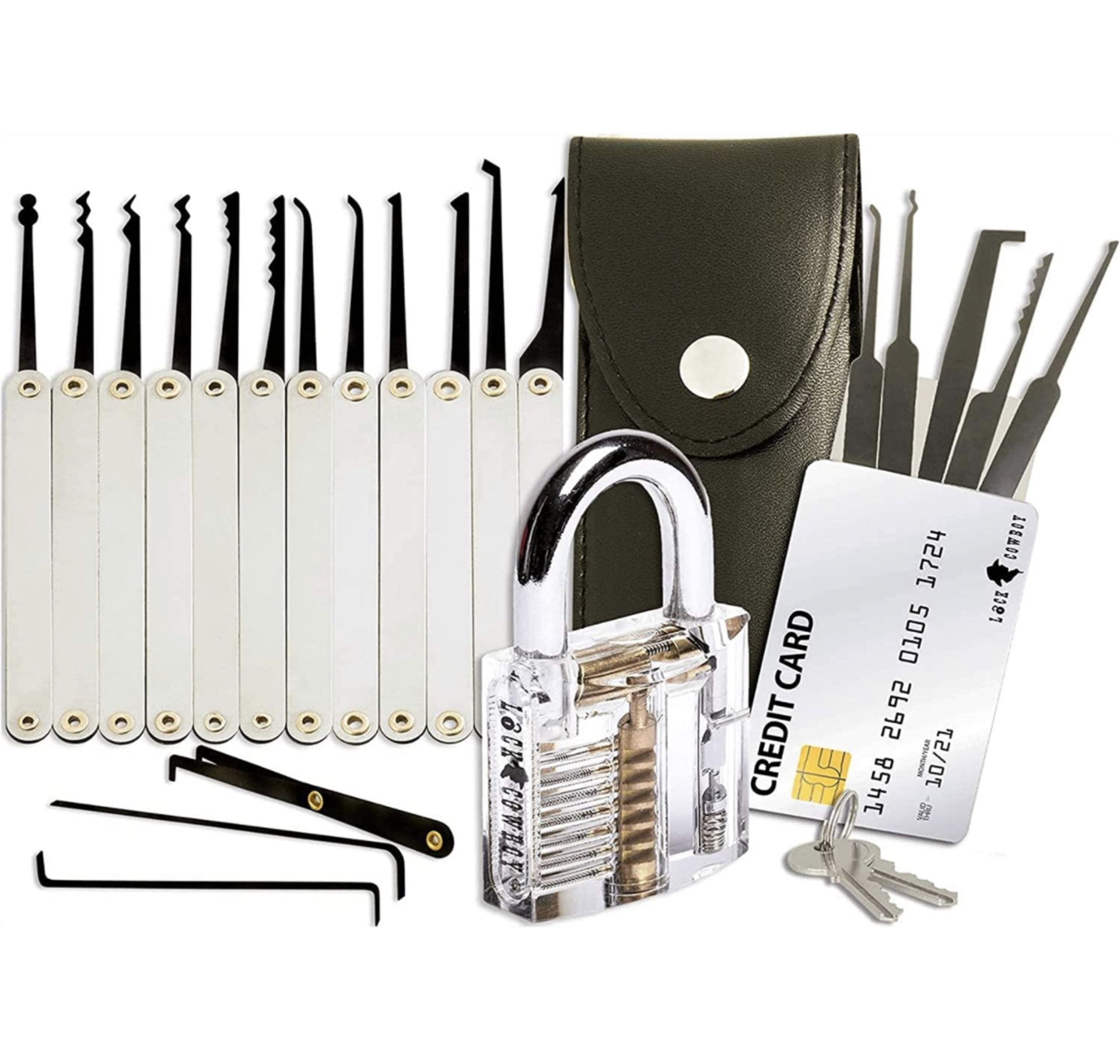 Lock Cowboy Lock Pick Set with Transparent Training Padlock and Credit Card