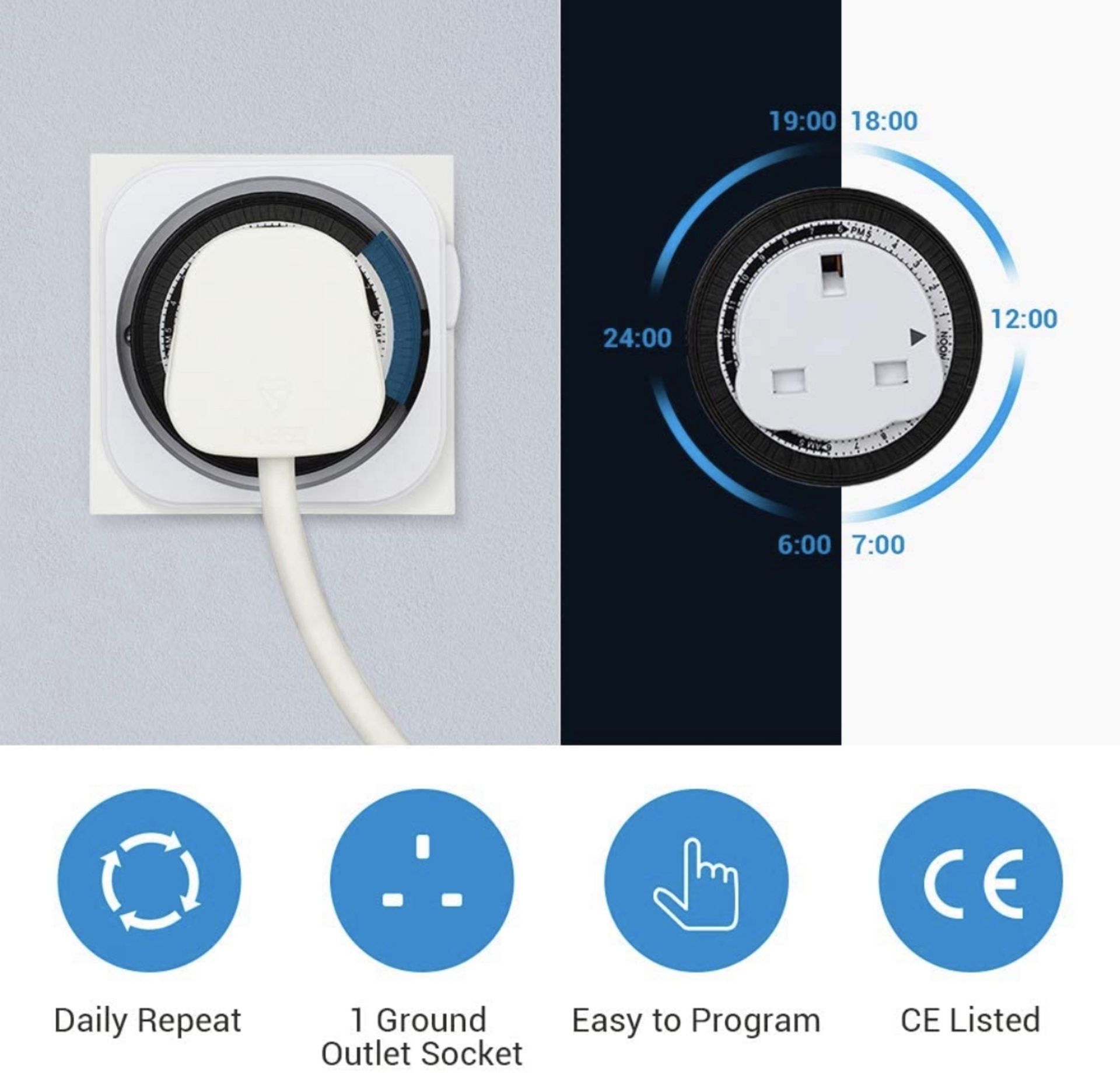 RRP £32 Set of 2 x Dewenwils 3-Pack Mechanical Indoor Timer Socket Switch