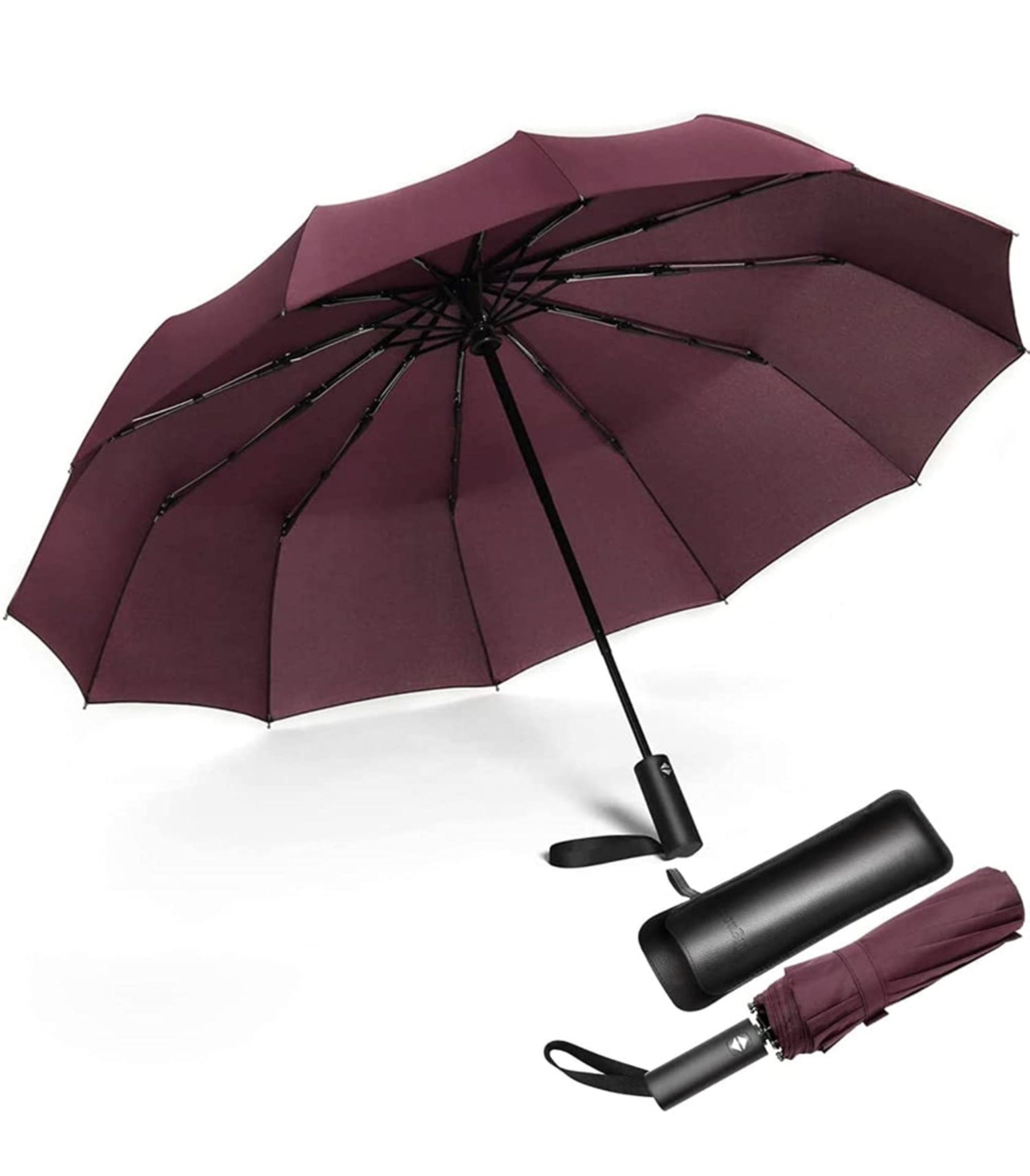 RRP £19.99 Jiguoor 12 Ribs Folding Umbrella Windproof Compact Travel with Leather Case