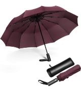 RRP £19.99 Jiguoor 12 Ribs Folding Umbrella Windproof Compact Travel with Leather Case