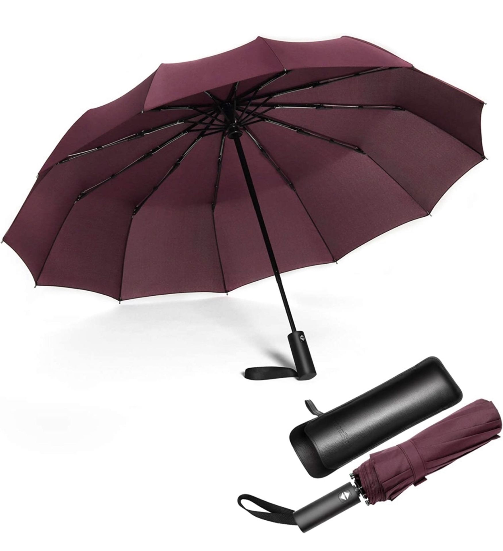 RRP £19.99 Jiguoor 12 Ribs Folding Umbrella Windproof Compact Travel with Leather Case