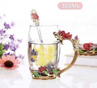 Enamel Flower Glass Mug Tea Cup with Spoon