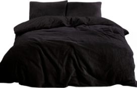 Rayyan Linen Teddy Fleece Duvet Cover Bedding Set Thermal Warm Cosy Soft (Black, DOUBLE)