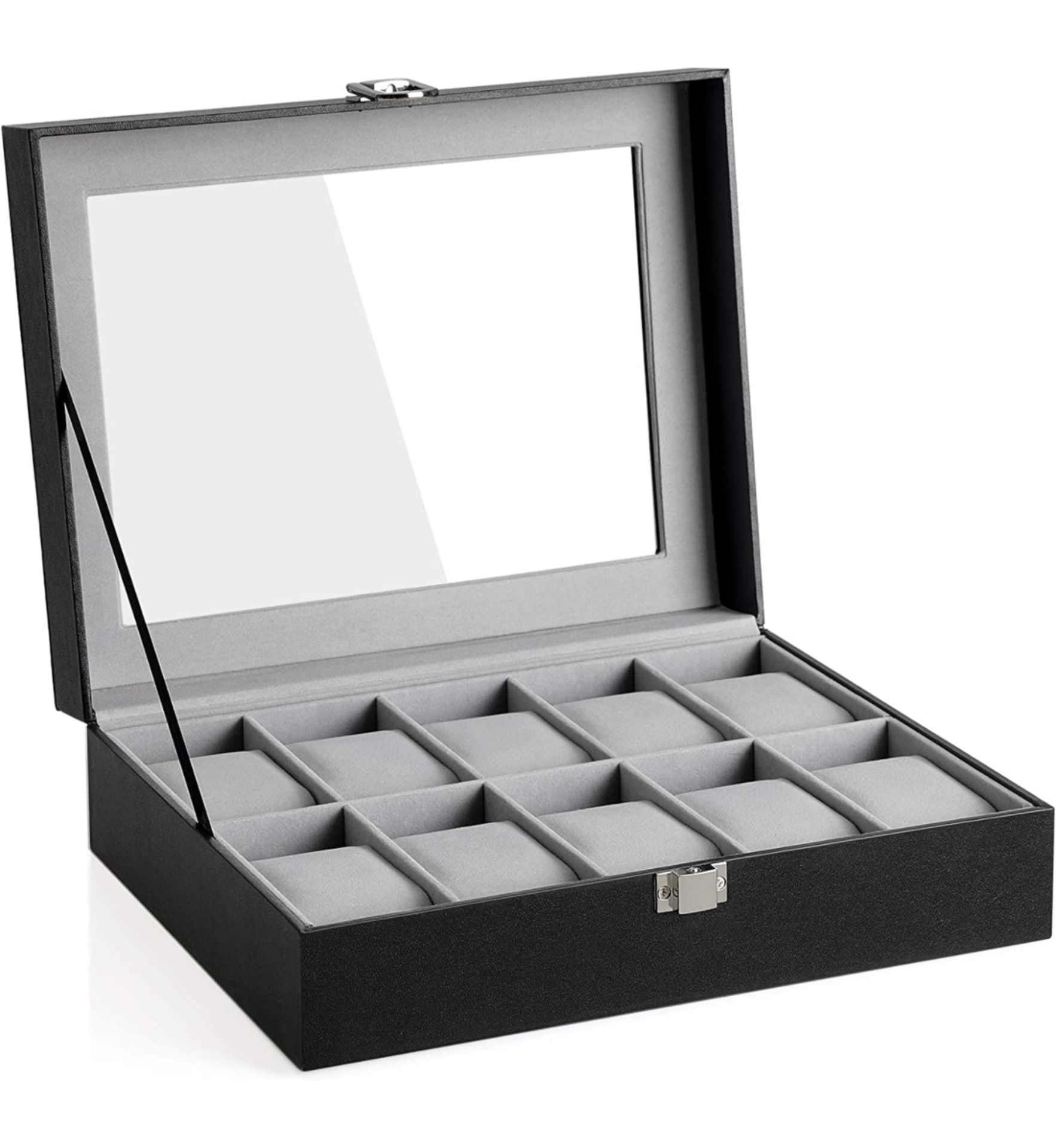 Songmics Glass Lid Watch Box with 10 Compartments, Grey