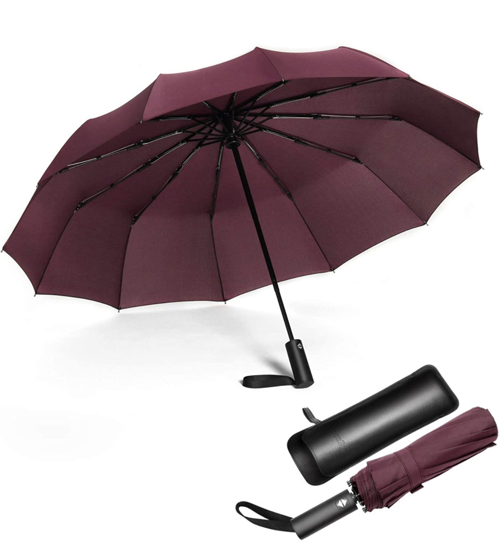 RRP £22.99 Jiguoor 12 Ribs Folding Umbrella Windproof Compact with Leather Case