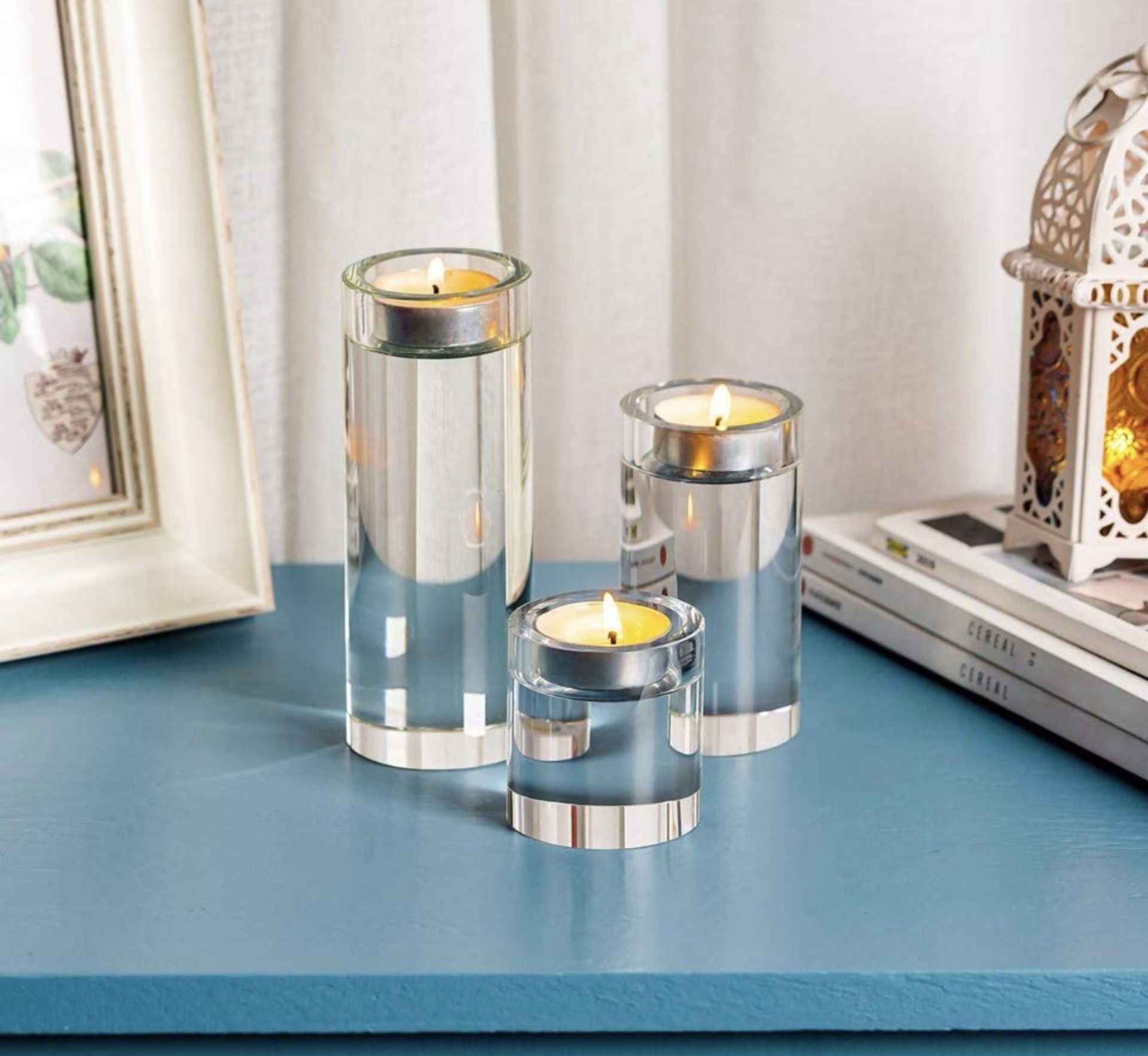 RRP £23.99 Sziqiqi Crystal Tealight Candle Holders Set of 3 Heavy Crystal Glass Pillars