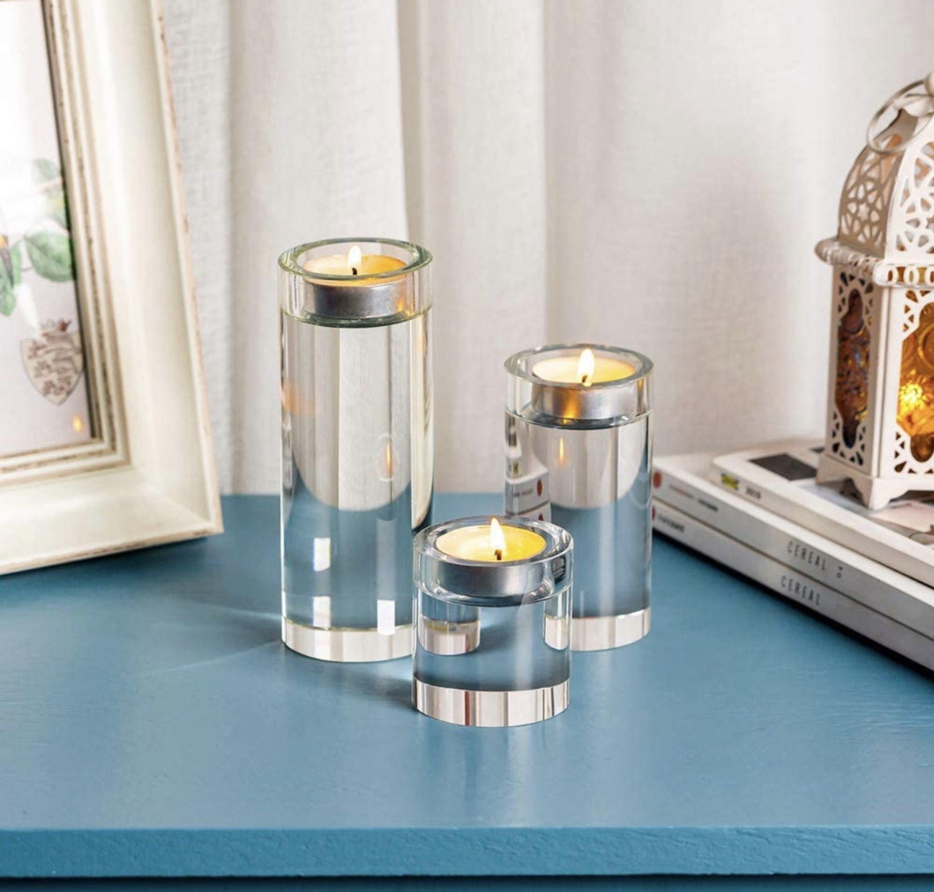RRP £23.99 Sziqiqi Crystal Tealight Candle Holders Set of 3 Heavy Crystal Glass Pillars
