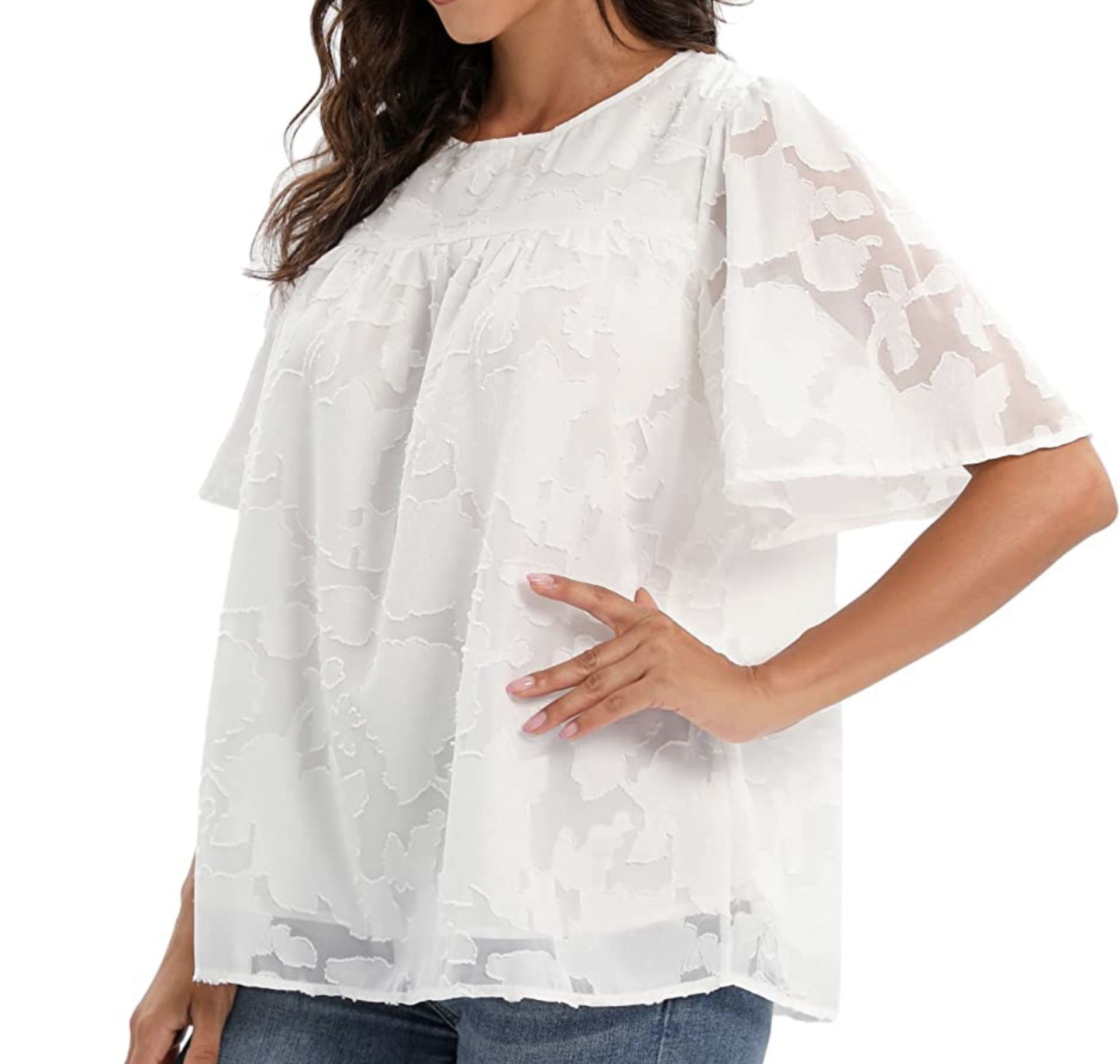 RRP £19.99 Modojuny Women's Casual Loose Chiffon Blouse Floral Textured Top, Large