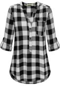 RRP £25.99 Moyabo Women's Button Down Plaid Tunic Blouse Long Sleeve V-Neck Flannel Top, S