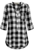 RRP £25.99 Moyabo Women's Button Down Plaid Tunic Blouse Long Sleeve V-Neck Flannel Top, XL