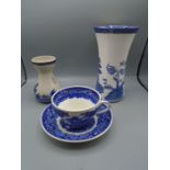 Booths vase, a Delft style vase and a blue and white Masons large cup and saucer