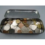 A tin of mixed foreign coins- see list in photo's