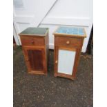 2 Oak cupboards each with 1 drawer and 1 door, both with tiled tops. The larger of the 2 measures