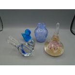 Paperweight and glass birds and vase, Blue bird has broken tail