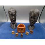 2 Tribal carved heads and treen pot with elephants