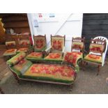 Victorian Lounge suit with 4 carved upholstered dining chairs, 2 matching Gents chairs and chaise