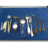 A bronze pheasant, a Louis Valentine wristwatch, 3 vintage keys, RAF fork and other flatware, etc