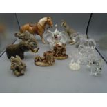 Crystal elephant, koala and parrots and a collection of animal figurines