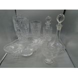 Cut glass decanter, vases, fruit bowl, jug and ladle plus ships decanter