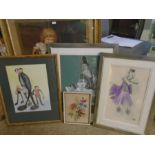 Various media pictures, 1 watercolour, 2 fashion prints, 2 cross stitch picture and a large print