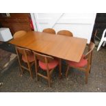 Mid century extending dining table with 6 ply backed chairs for re-upholstery H72cm W122cm (+45cm