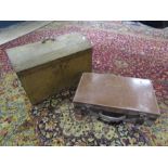 Small wooden dome top trunk (L50cm) and leather suitcase