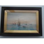 E. Norris watercolour of ships at harbour signed bottom right, framed.