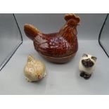 P&K hen crock and 2 pottery animals
