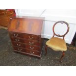 Walnut veneered bureau with 4 drawers (H99cm W77cm D40cm approx)and upholstered balloon back chair