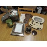 Mixed lot containing vintage tins, gloves, costume jewellery, silver plated photo frame etc