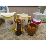 Royal Doulton Mustard and black Willow Pitcher, Old Majolica Tree Stump vase plus 3 large water