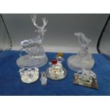 Glass stag, dolphins and 4 small crystal ornaments