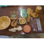 Treen- A carved fish, boxes, coat of alms ,butter pats bowl and chopstick set plus a boxed clay mug