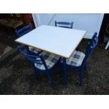 Painted retro kitchen table and chairs with formica top and vinyl seat pads H76cm Top 69cm x 91cm