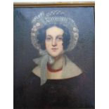 Oil on canvas portrait of a Victorian lady in a bonnet, title on reverse reads 'an unmarried girl (
