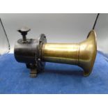 Vintage hand Klaxon Ahooga horn with hand operated push mechanism and brass oval trumpet, plaque