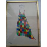 Tom Fantl 1976 mixed media drawing of a woman in a colour block dress- various media used in