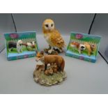 Border fine arts 'fox family' an owl figure and 2 collectable boxed dog figures