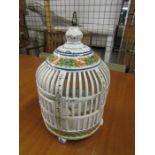 Italian ceramic birdcage with bird. Damaged with broken pieces in cage A/F. H42cm approx