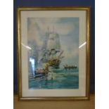 Alex Sinclair- a gilt framed watercolour ? of Mexican Indians approaching a frigate approx 19x13"