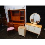 Retro display cabinet, dressing table with mirror, bedside cabinet and chair for re-upholstery