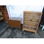 Oak glazed bookcase and retro record storage unit (bookcase H113cm W74cm D28cm approx)